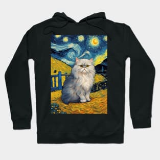 Persian Cat Breed Portrait Painting in a Van Gogh Starry Night Art Style Hoodie